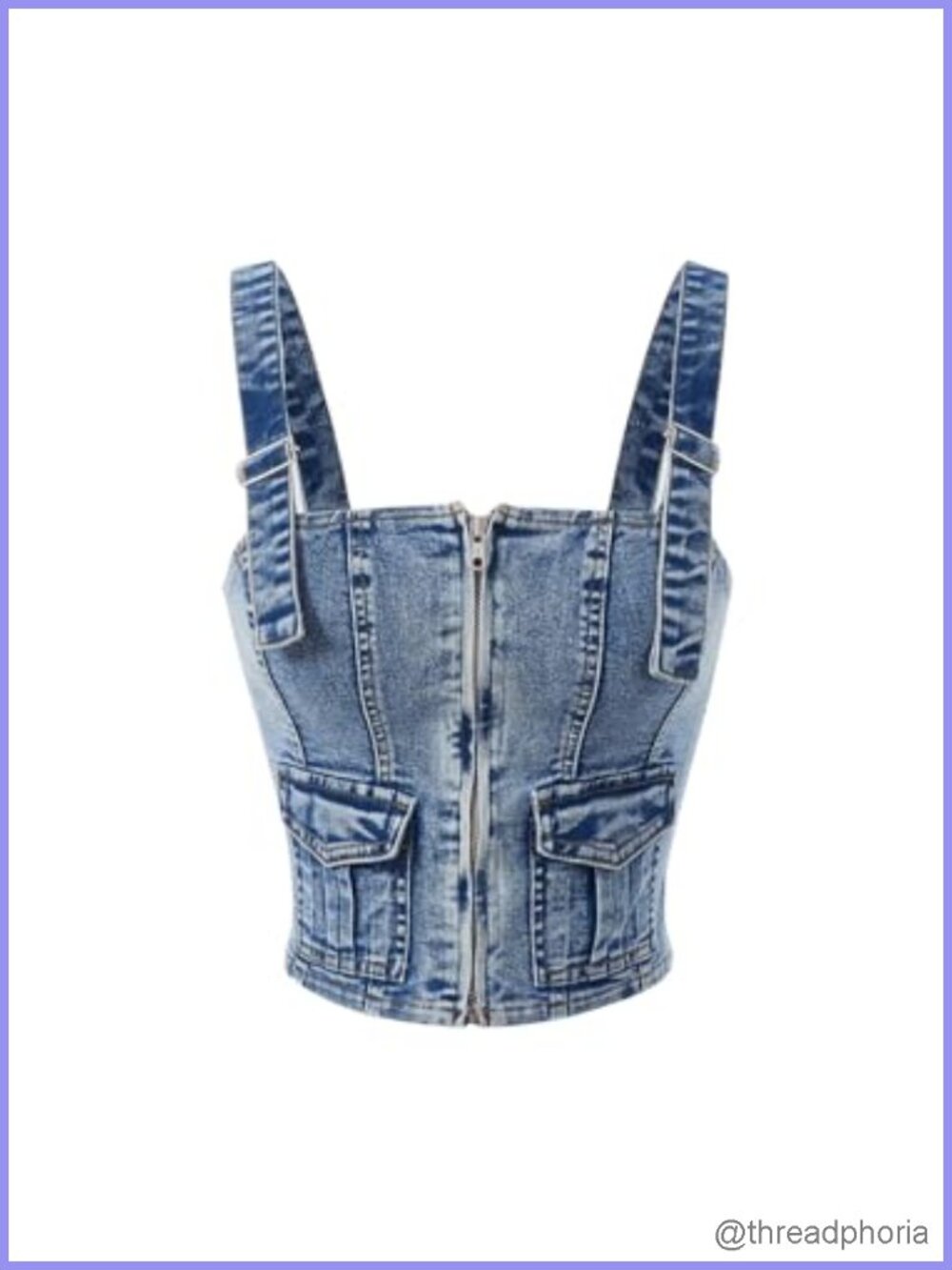 Zip Up Denim Crop Tank Top Sleeveless Medium Stretch Adjustable Straps